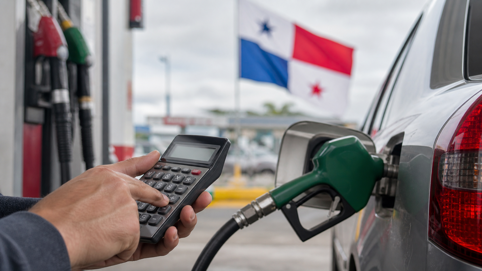 A fuel pump, car and calculator during a new Panama price cycle.