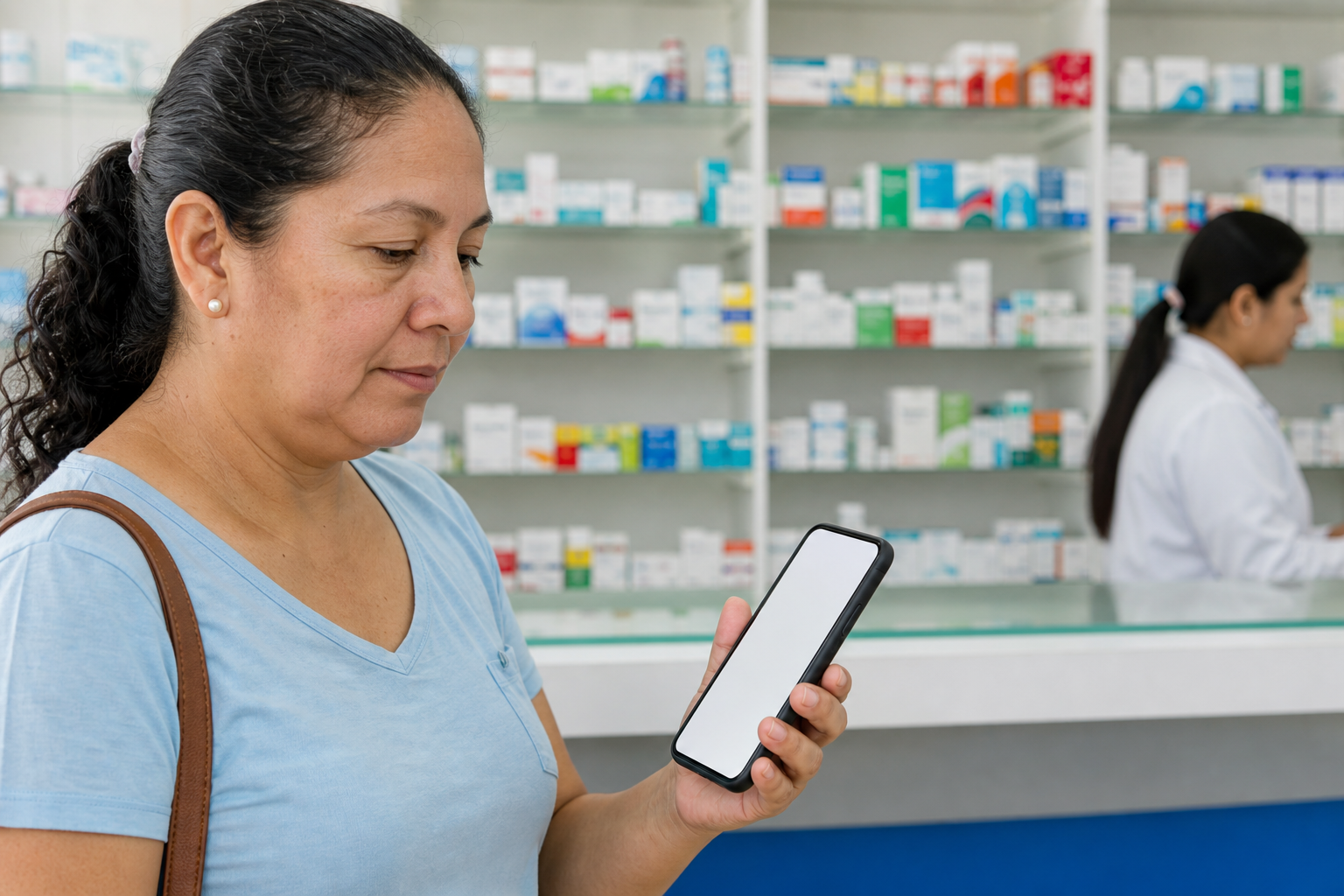 Patient checking medicine availability on a phone near a pharmacy counter in Panama.