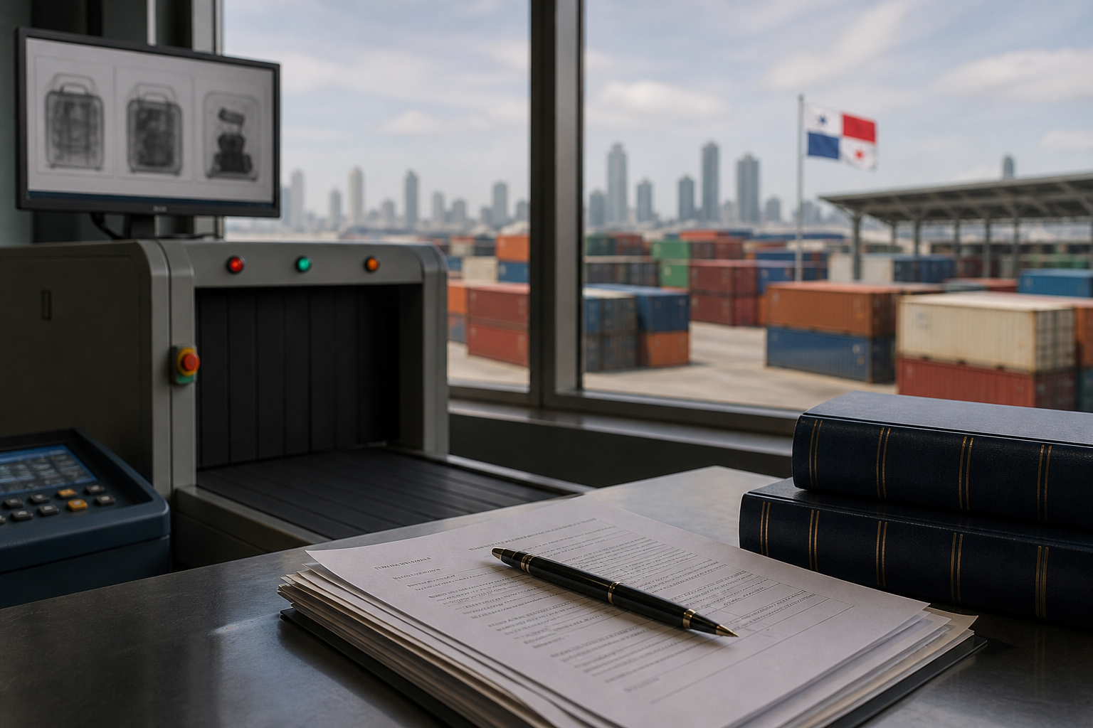 Customs legal documents and cargo inspection equipment in Panama.
