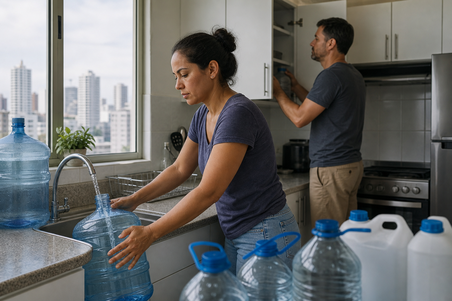 Residents filling clean water containers ahead of a planned service interruption in Panama City.