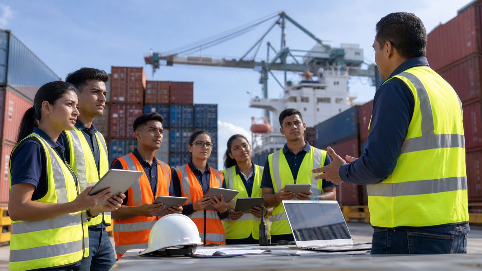 Technical students learning logistics operations near containers in Panama.