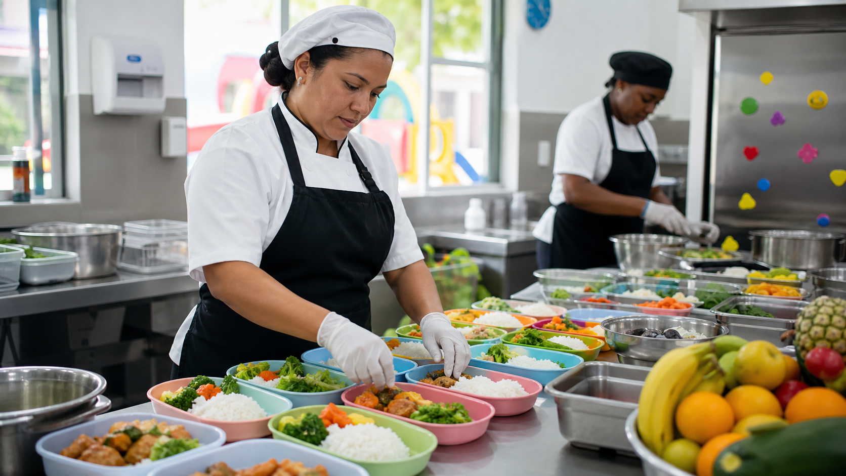 Kitchen staff preparing balanced meals for children at a Panama City child development center.