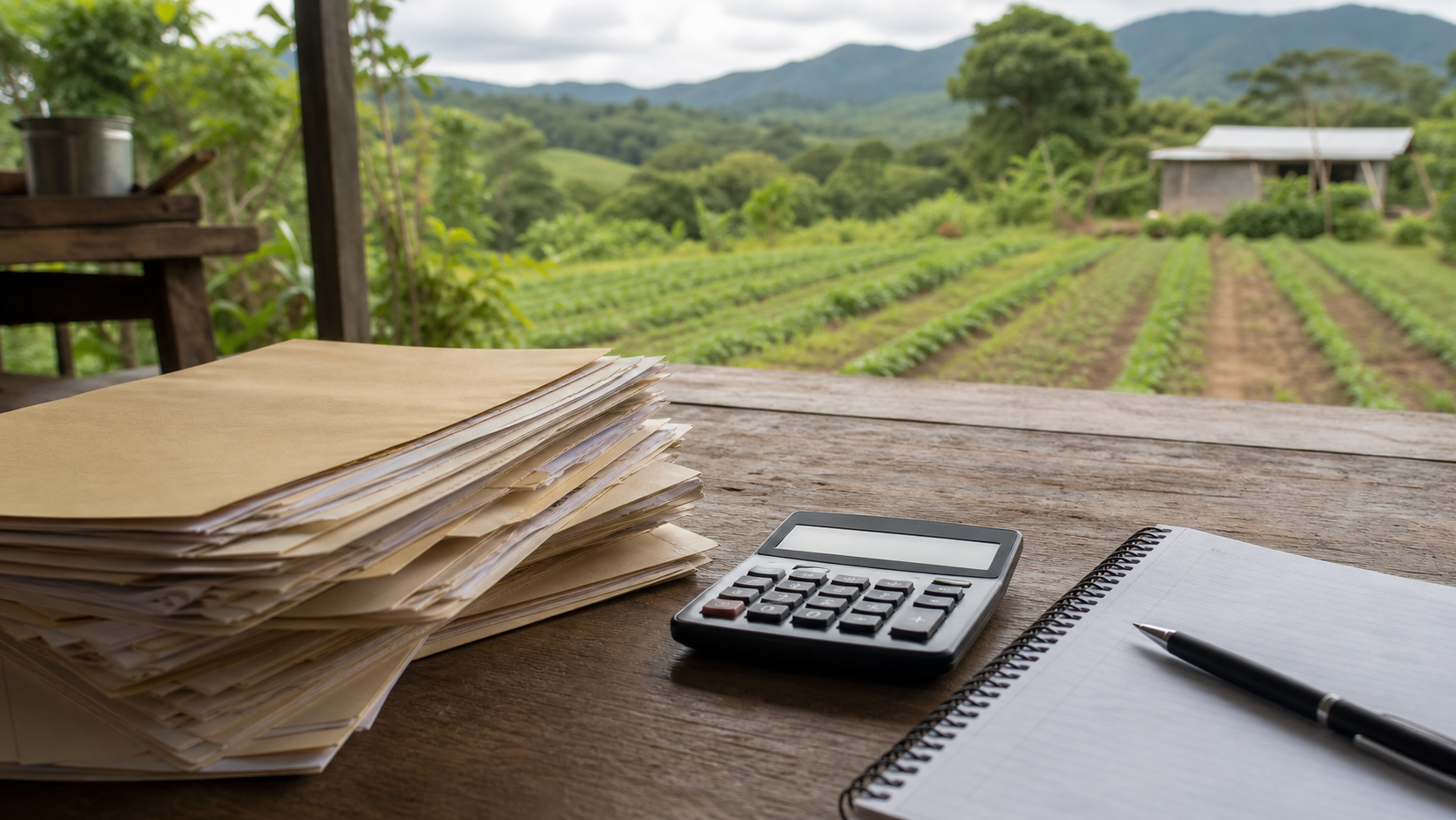 Agricultural loan files and a farm field during a credit recovery update in Panama.