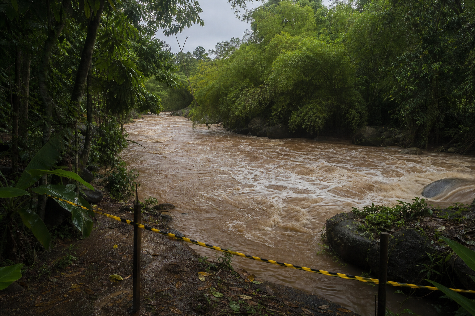 Swollen creek in Panama viewed from a safe distance during a rainy-season warning.
