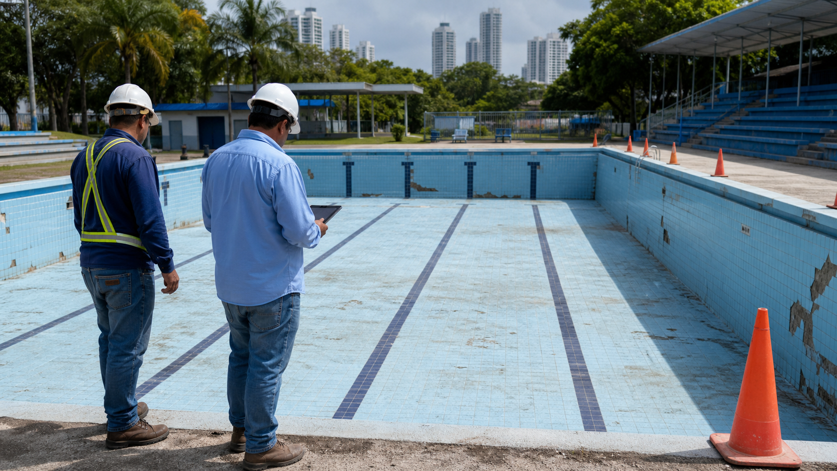 Workers inspecting an empty municipal swimming pool before rehabilitation in Panama City.
