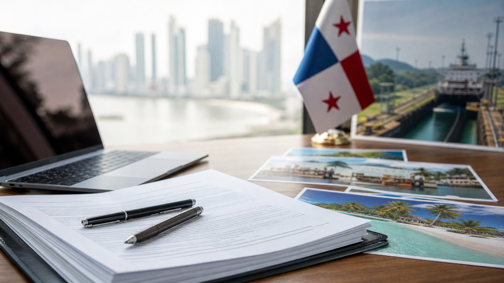 Tourism promotion contract documents beside Panama travel imagery.