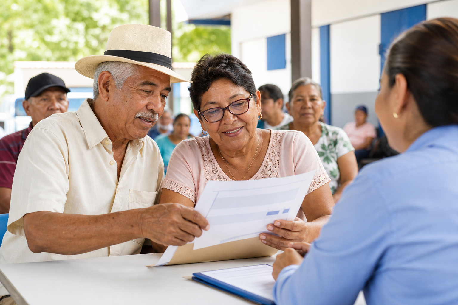 Older Panamanian adults reviewing benefit certificate documents after validation.