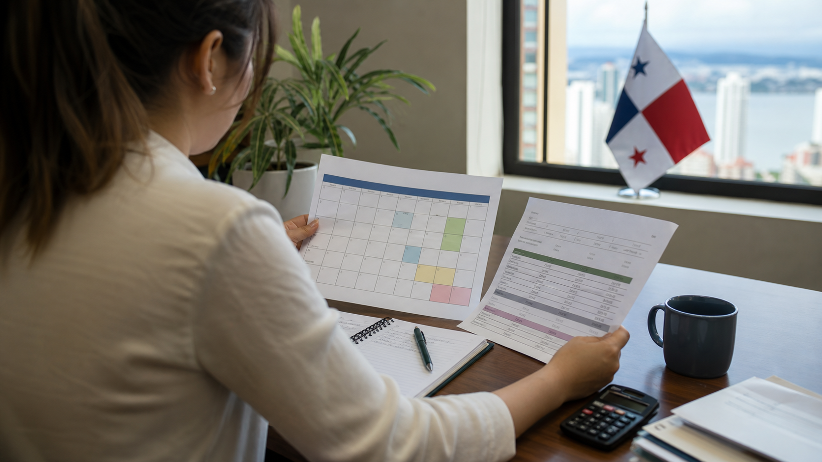 A public employee reviewing a salary payment calendar and household budget.