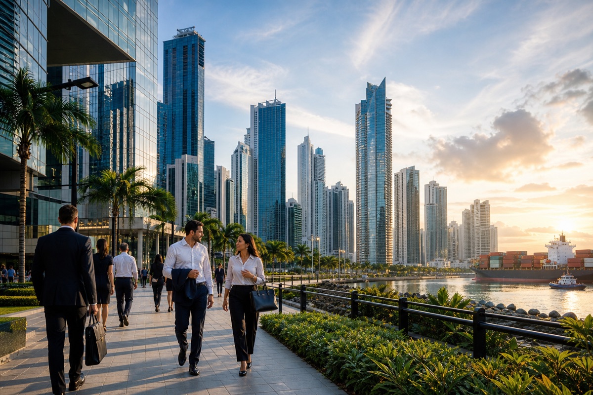 Panama business district used as a cybercrime and financial services news illustration
