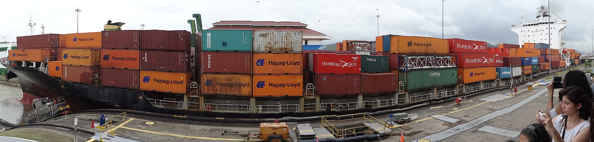A large container ship transiting the Panama Canal.
