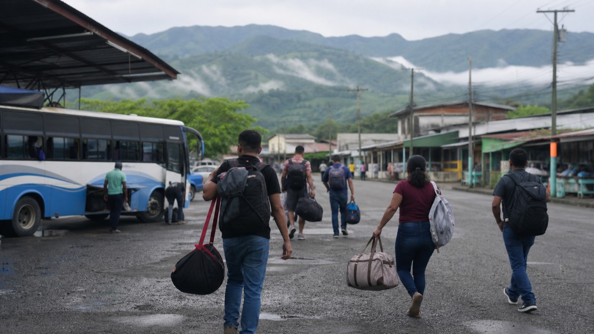 young adult workers carrying bags near a regional bus terminal in Chiriqui Panama, with local storefronts and mountains in the distance, faces not identifiable