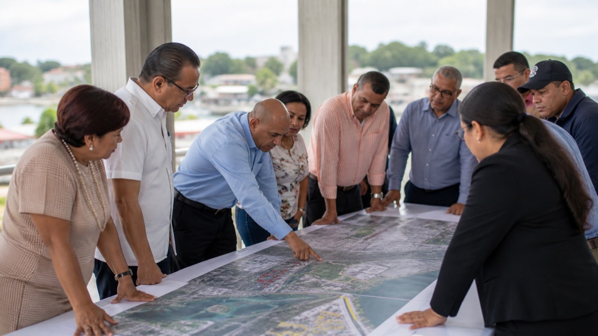 community and business representatives reviewing urban development plans in Colon Panama, no readable documents