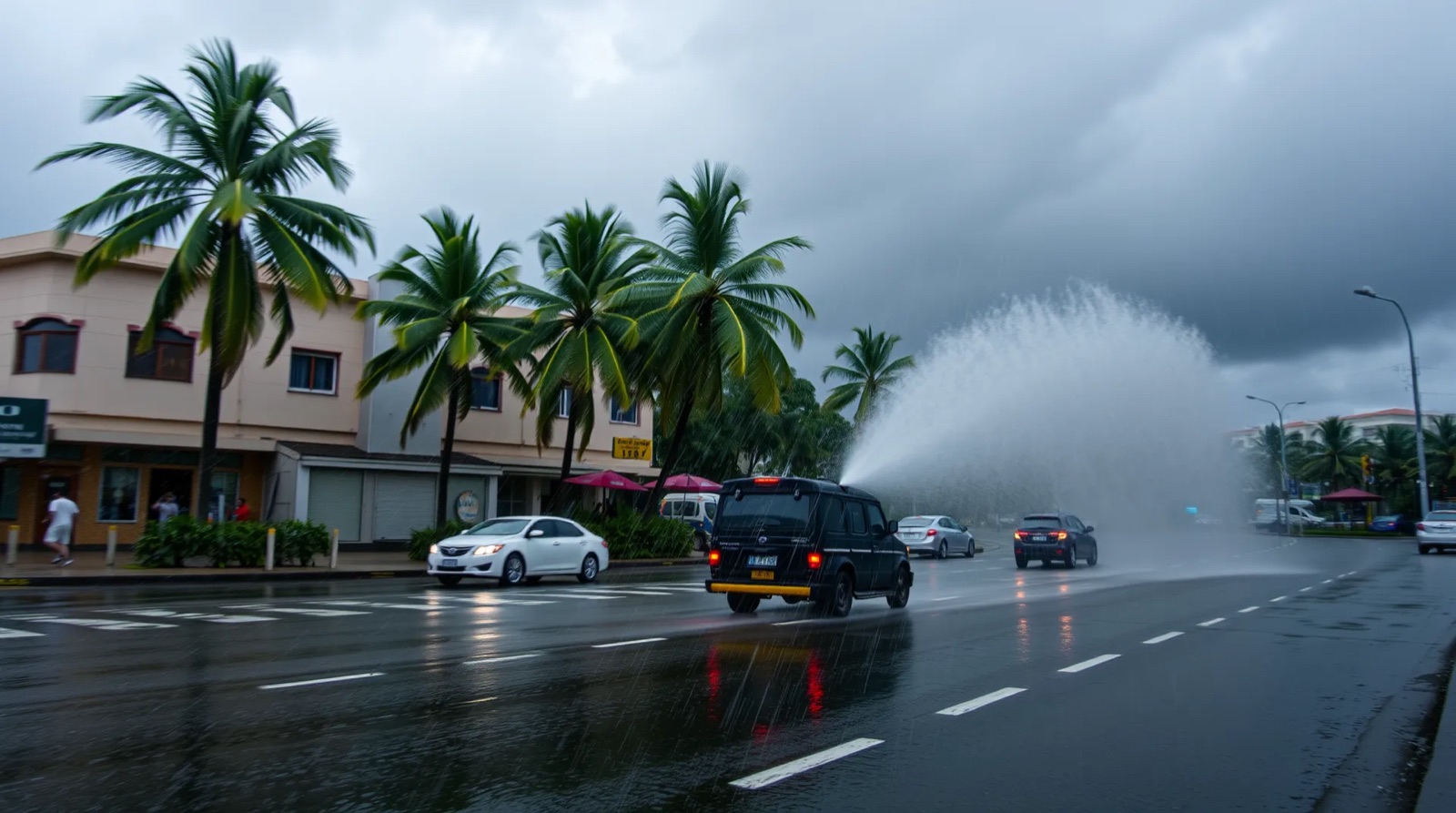 Heavy tropical rain falls on a street under dark storm clouds.