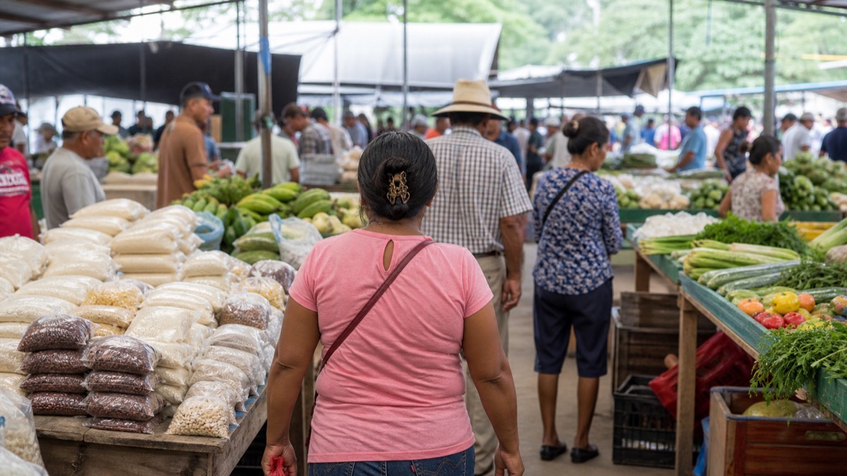 Panamanian community agricultural market with rice, vegetables and produce stands, shoppers viewed from behind