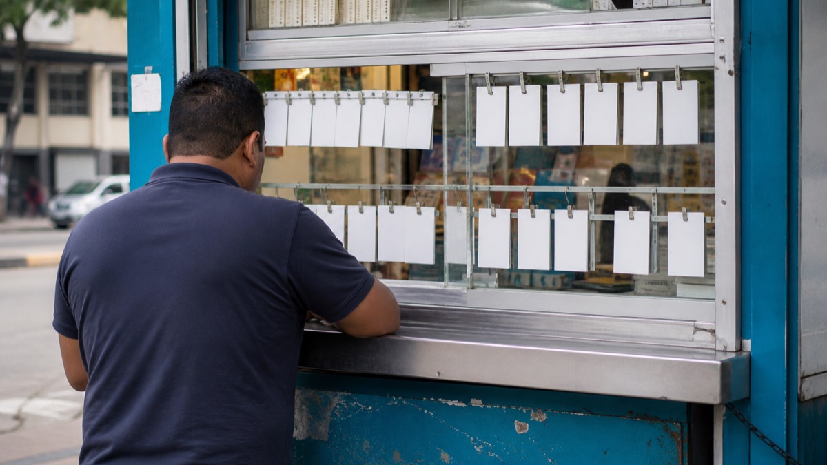 authorised street lottery kiosk in Panama with blank ticket shapes and an attentive vendor seen from behind