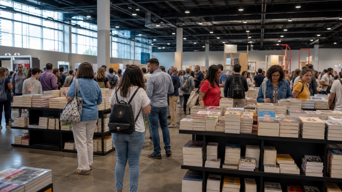 busy international book fair inside ATLAPA convention centre with readers browsing book displays, no readable covers