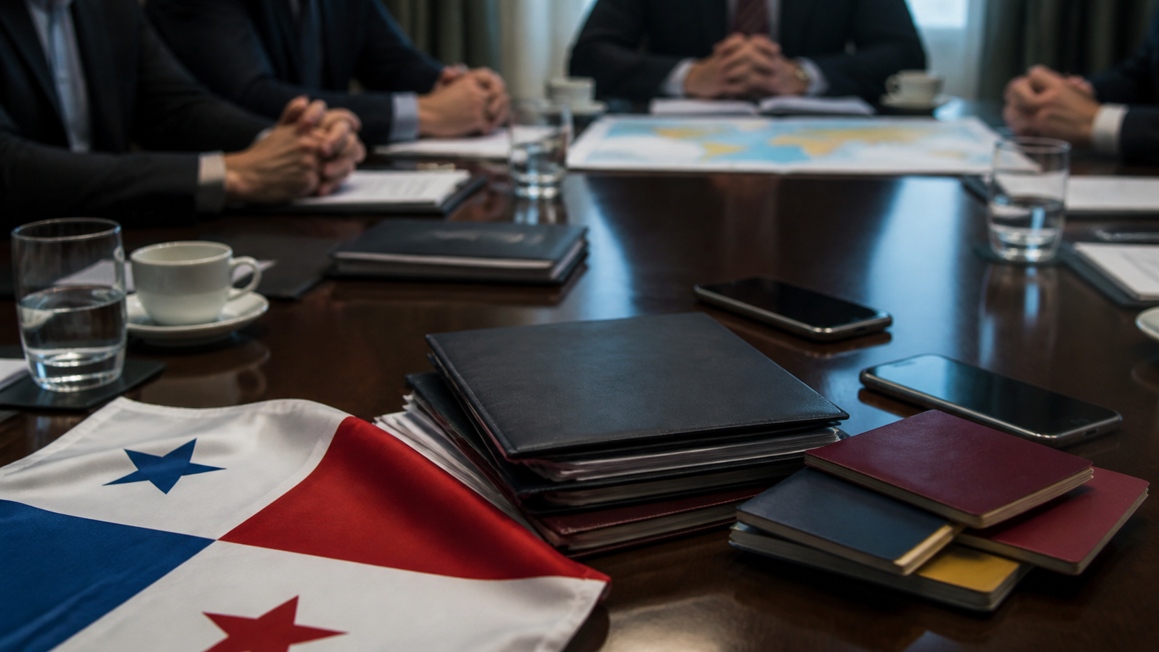 Diplomatic folders, passports and a Panama flag sit on a conference table.