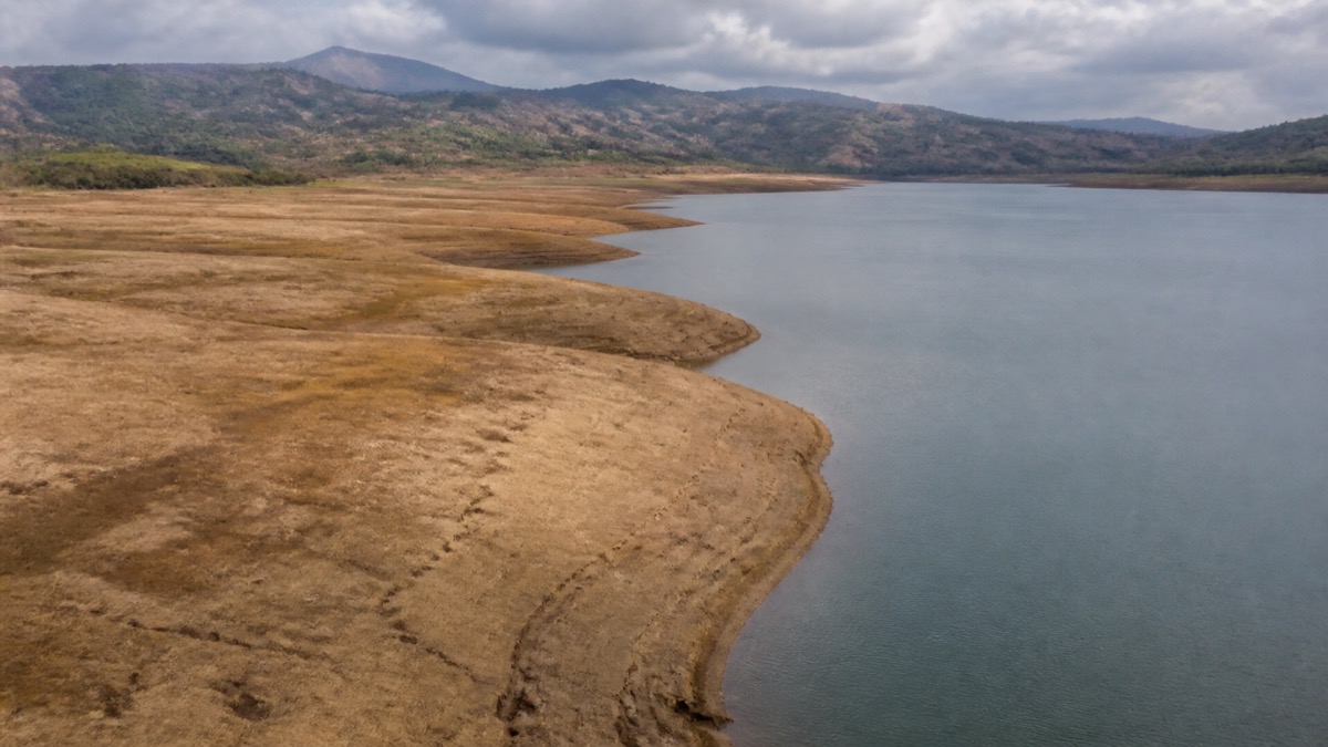 split landscape of dry farmland and a Panama water reservoir