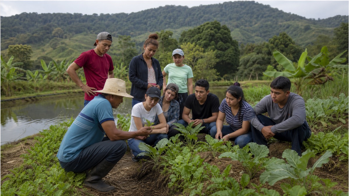 students learning sustainable farming beside small water channels and crops in Chepo Panama, respectful documentary scene