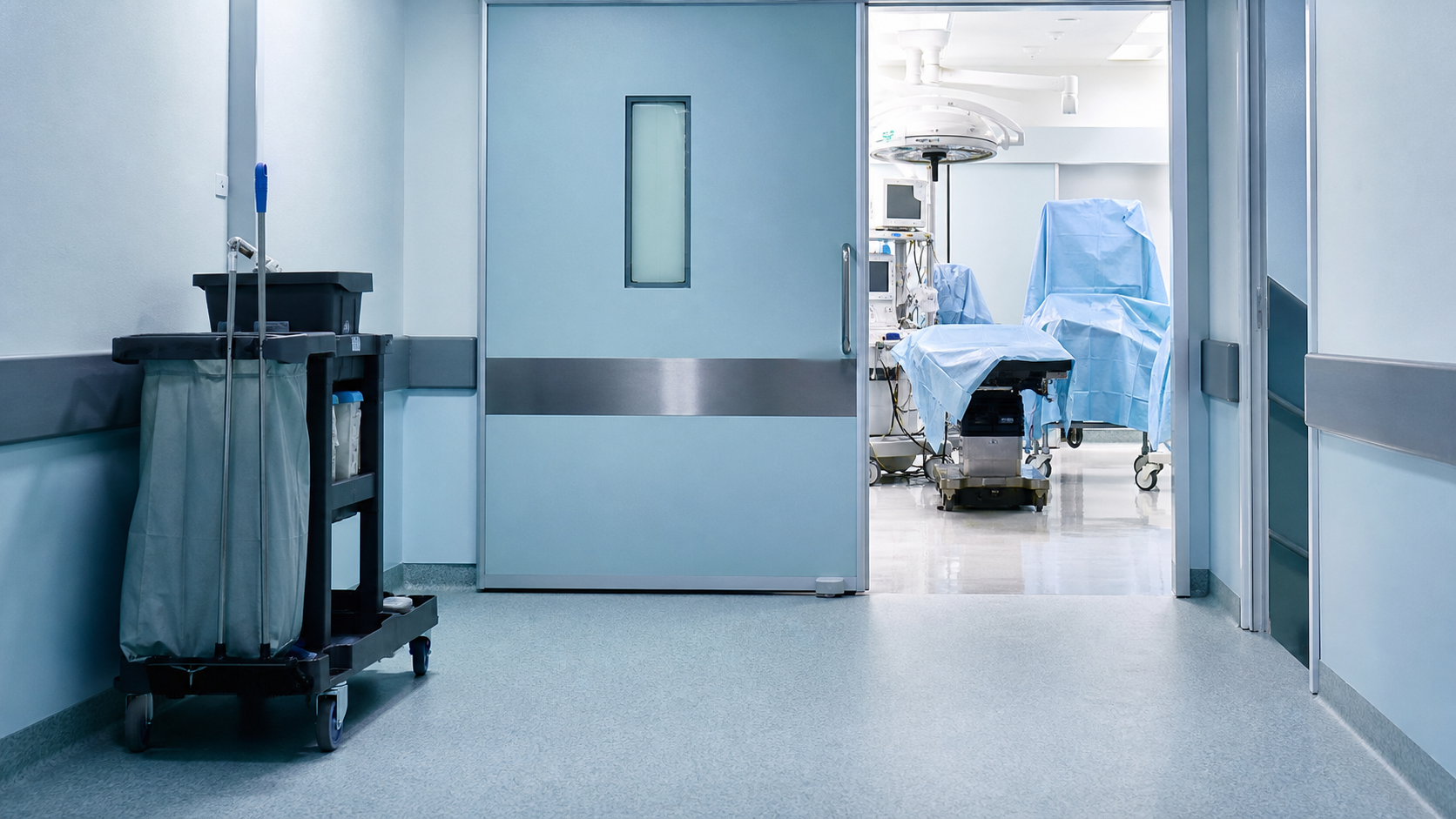 An empty operating room is prepared while maintenance work is underway.