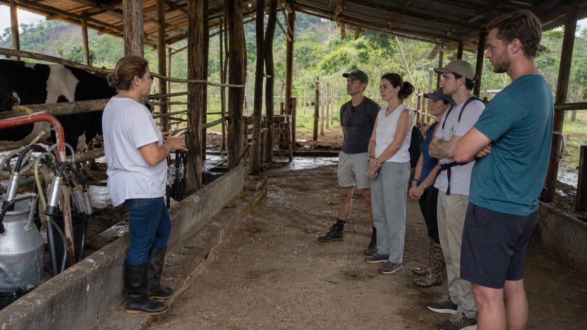 visitors learning at a self-sustaining rural farm in Guarare Panama with dairy production area, documentary scene