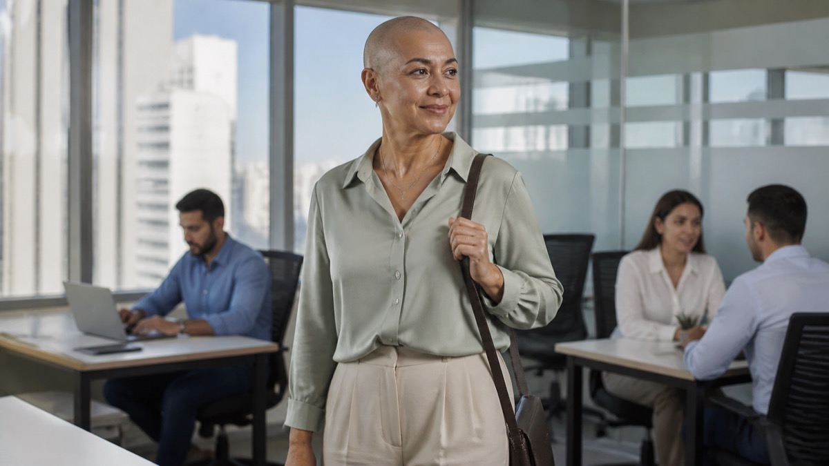 cancer survivor returning confidently to a modern Panama workplace, symbolic and respectful, no ribbons or text