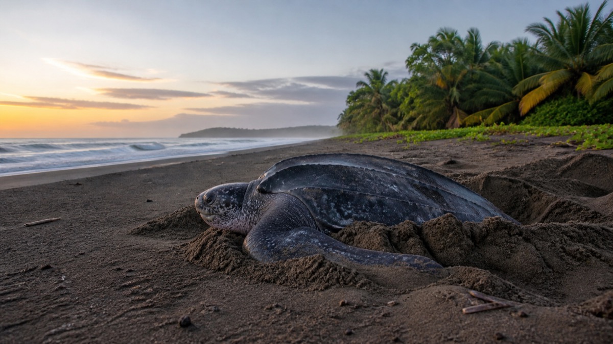 leatherback sea turtle nesting at dawn on a protected Pacific beach in Panama
