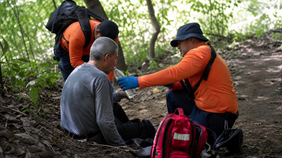 Panama civil-protection rescue team assisting an older man on a shaded rural trail in Chilibre, respectful documentary scene with no visible injury
