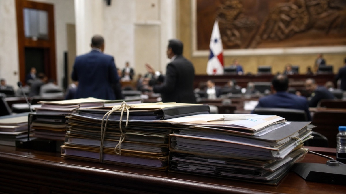 Panama legislative chamber with policy folders and debating silhouettes