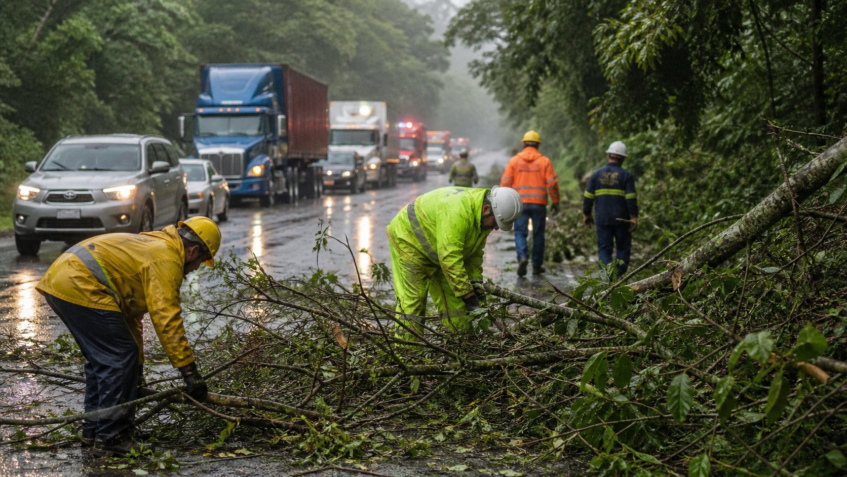 Emergency crews clear branches from a wet road after heavy rain in Panama.
