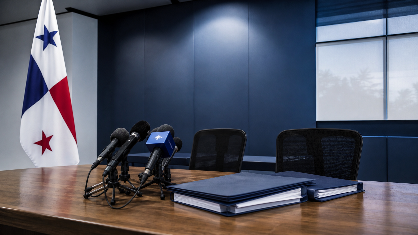 An empty press room with microphones and education documents suggests a resignation announcement.
