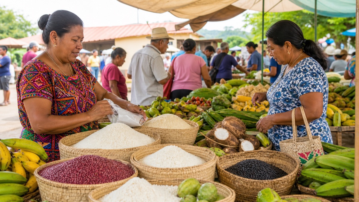 open-air agricultural market in Panama with neatly arranged rice, produce and basic food baskets as residents shop in the morning
