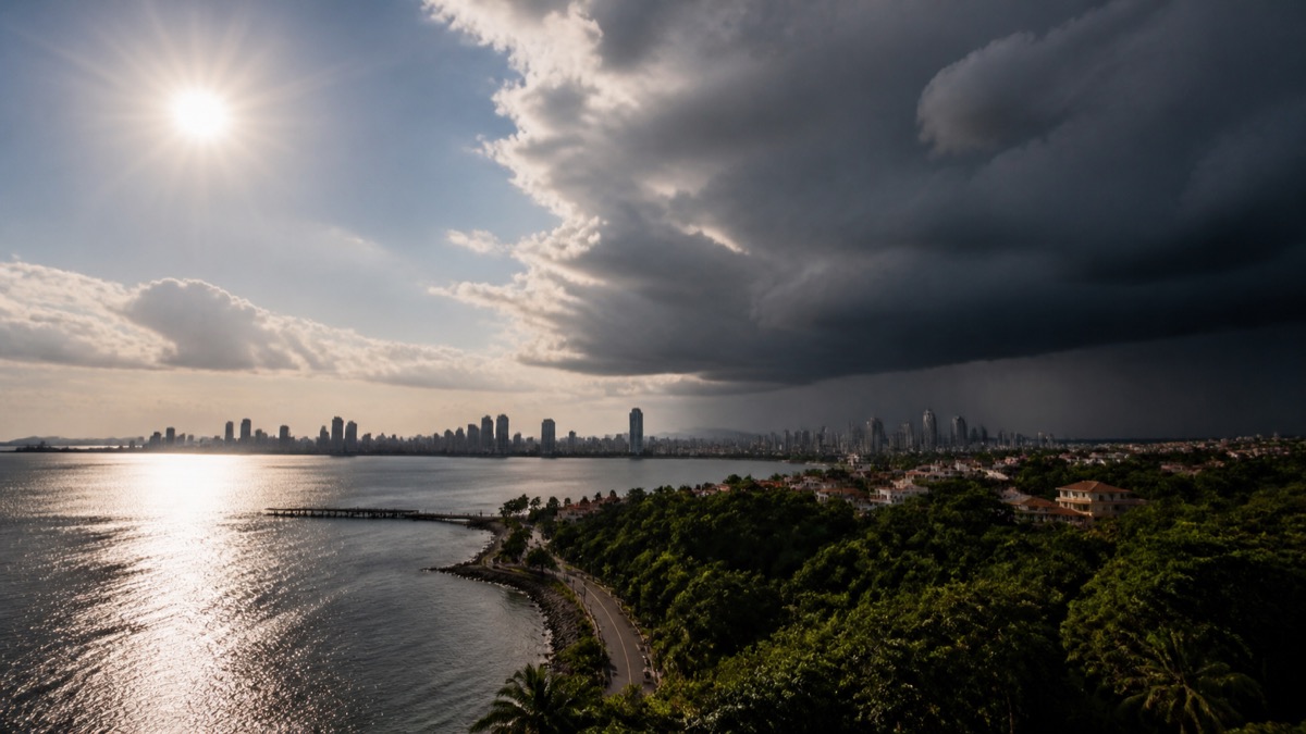 split tropical Panama weather scene with intense sun on one side and thunderstorm clouds on the other