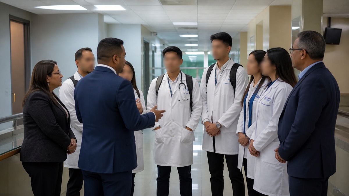 hospital corridor meeting between young medical interns and administrators in Panama, faces not identifiable