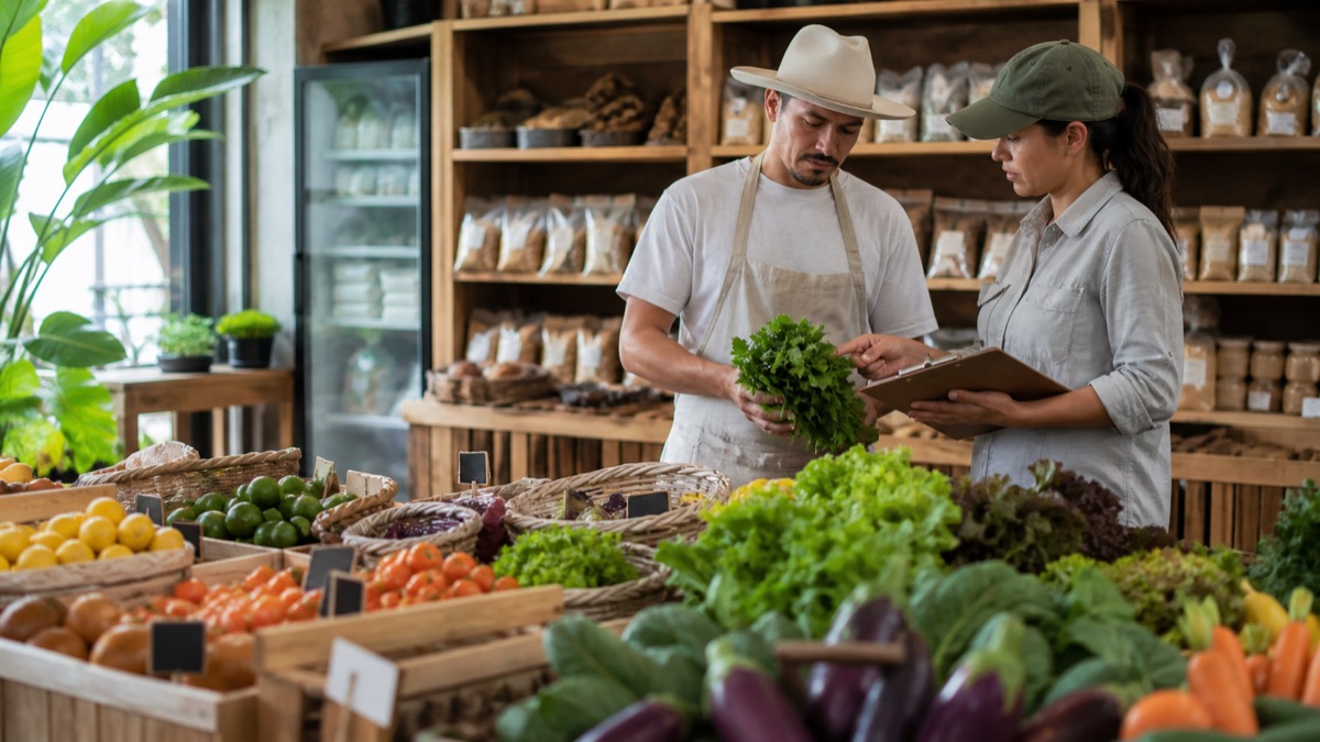 organic food shop in Panama with produce displays and certification-style inspection, no readable labels