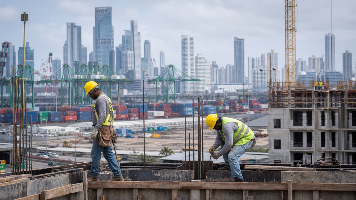 Panamanian workers at a modern logistics and construction district, wide documentary scene