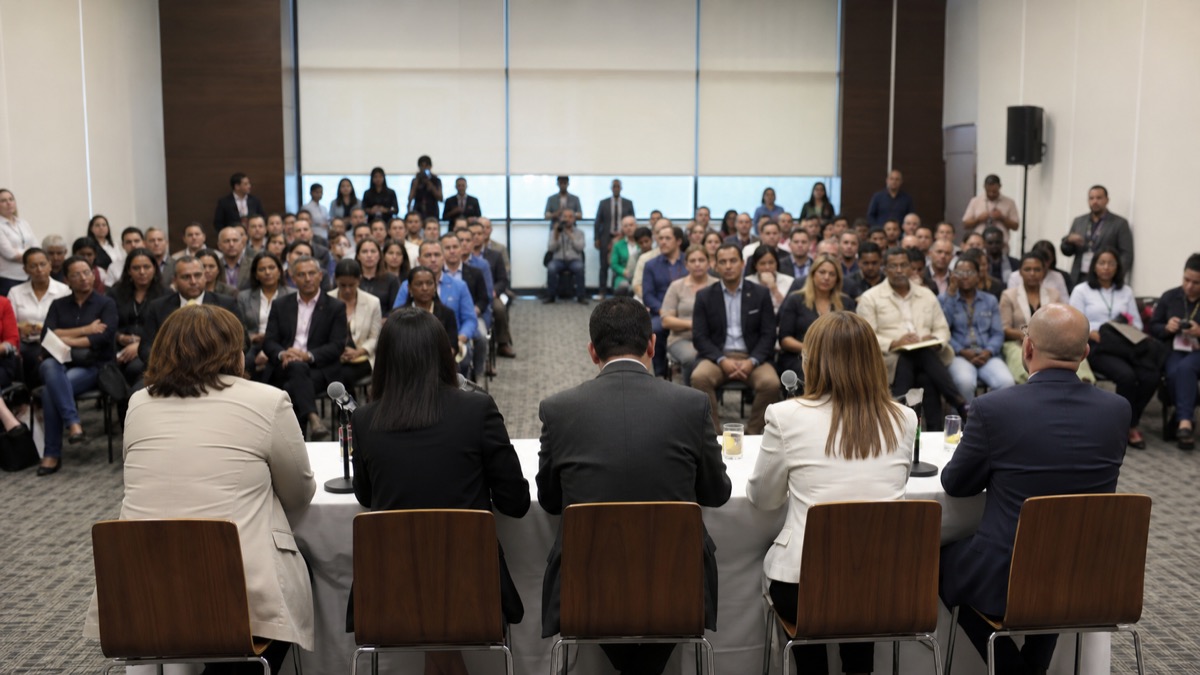 neutral civic forum in Panama about electoral oversight with panelists shown from behind, no readable banners