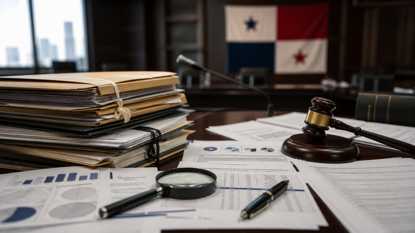 Court folders and a judge gavel sit on a desk during an anti-corruption case.