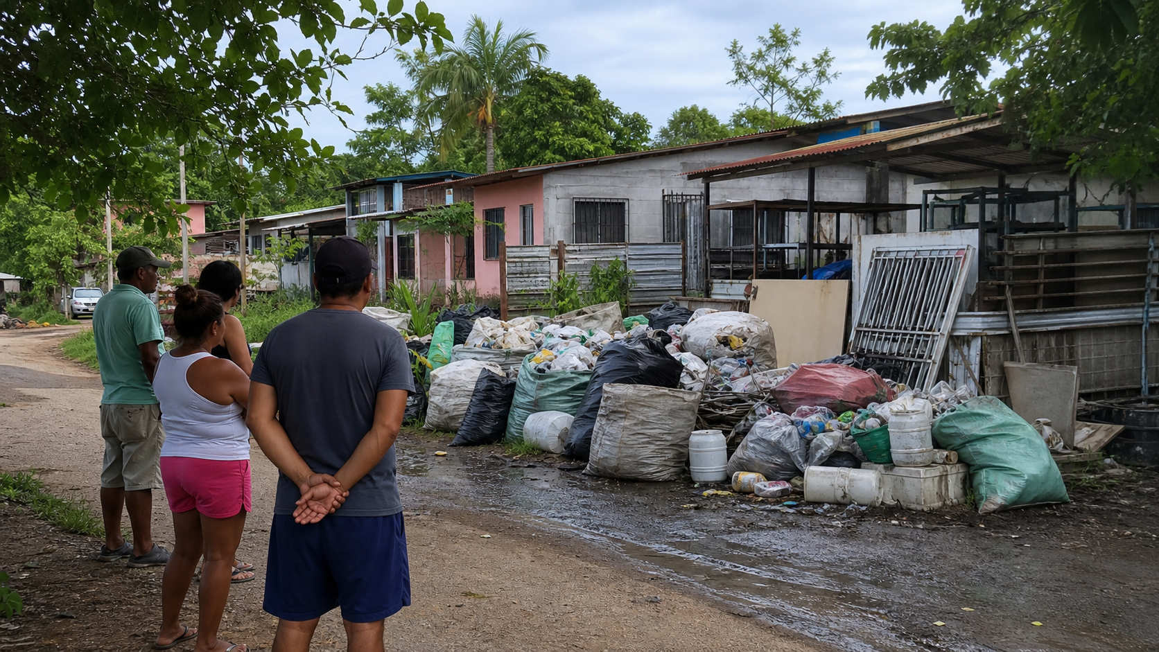 Residents stand near a waste-filled recycling site in a Chilibre neighborhood.