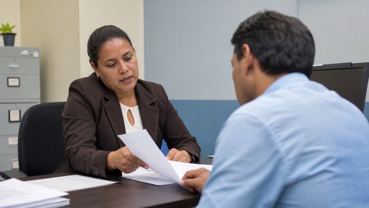 office worker reviewing a generic social security employment record with an administrator, documents unreadable