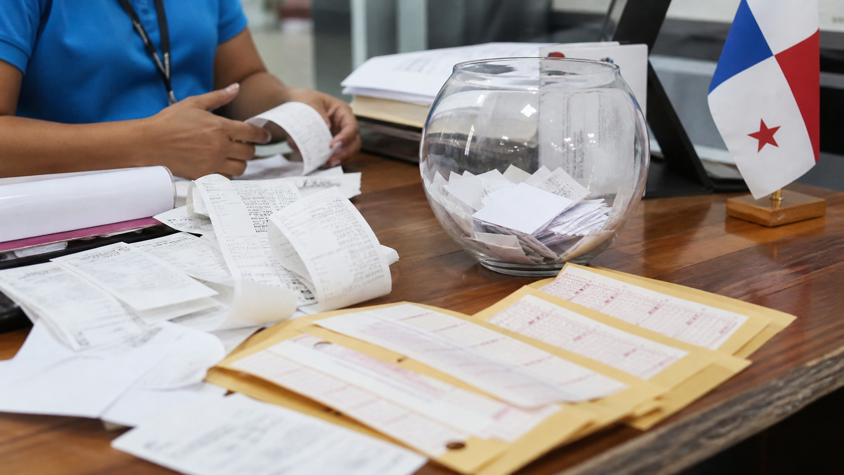 Generic receipts and lottery-style numbered slips sit on a public finance desk.