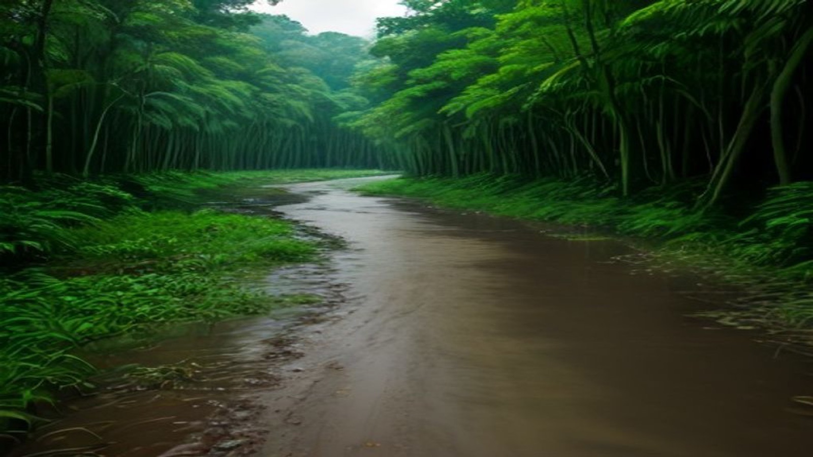 A swollen brown river runs high past homes on its bank.