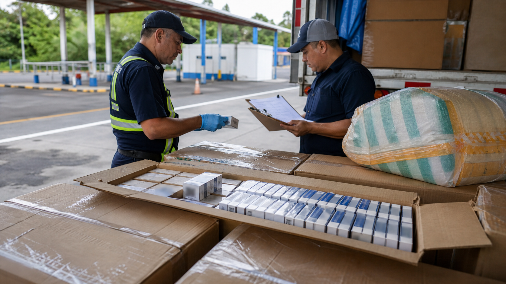 Customs inspectors examine cargo boxes during a checkpoint inspection in Panama.