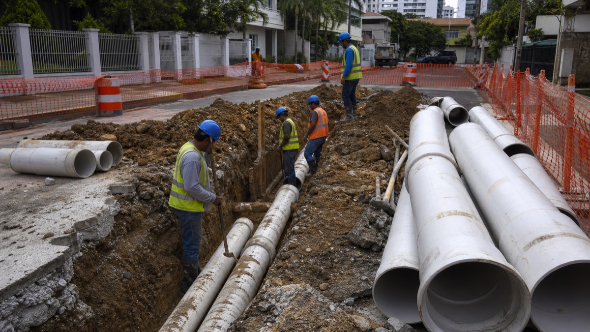 water utility crew installing large clean municipal pipes along an urban street in Hato Pintado Panama, safe organized worksite