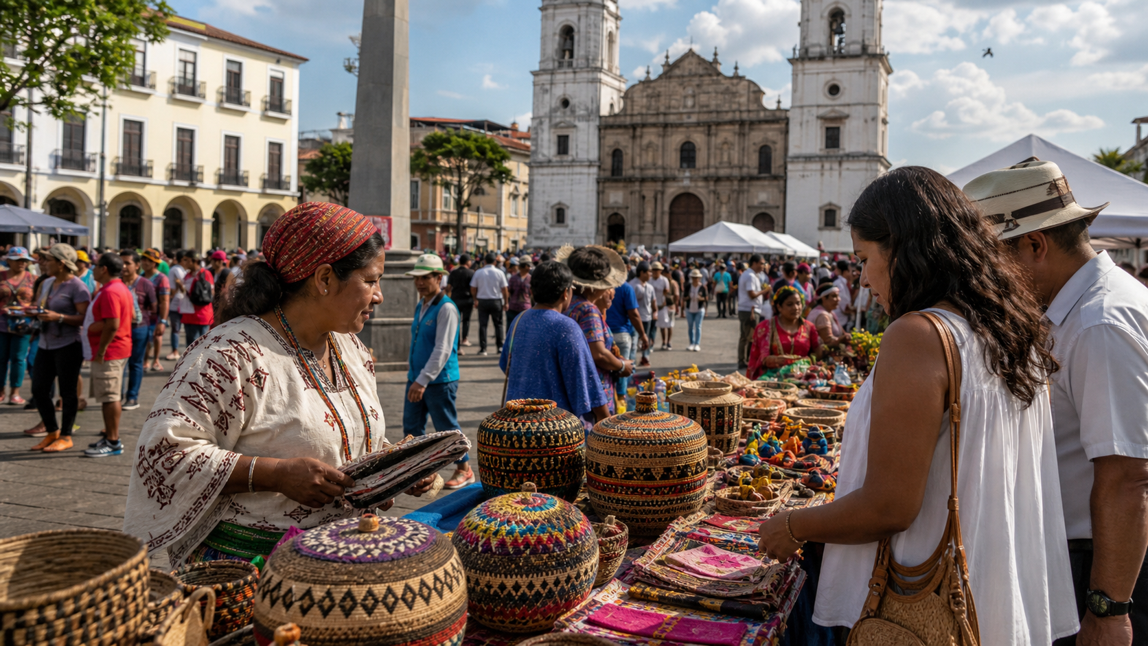 Artisan stands at a cultural fair in Plaza Catedral.