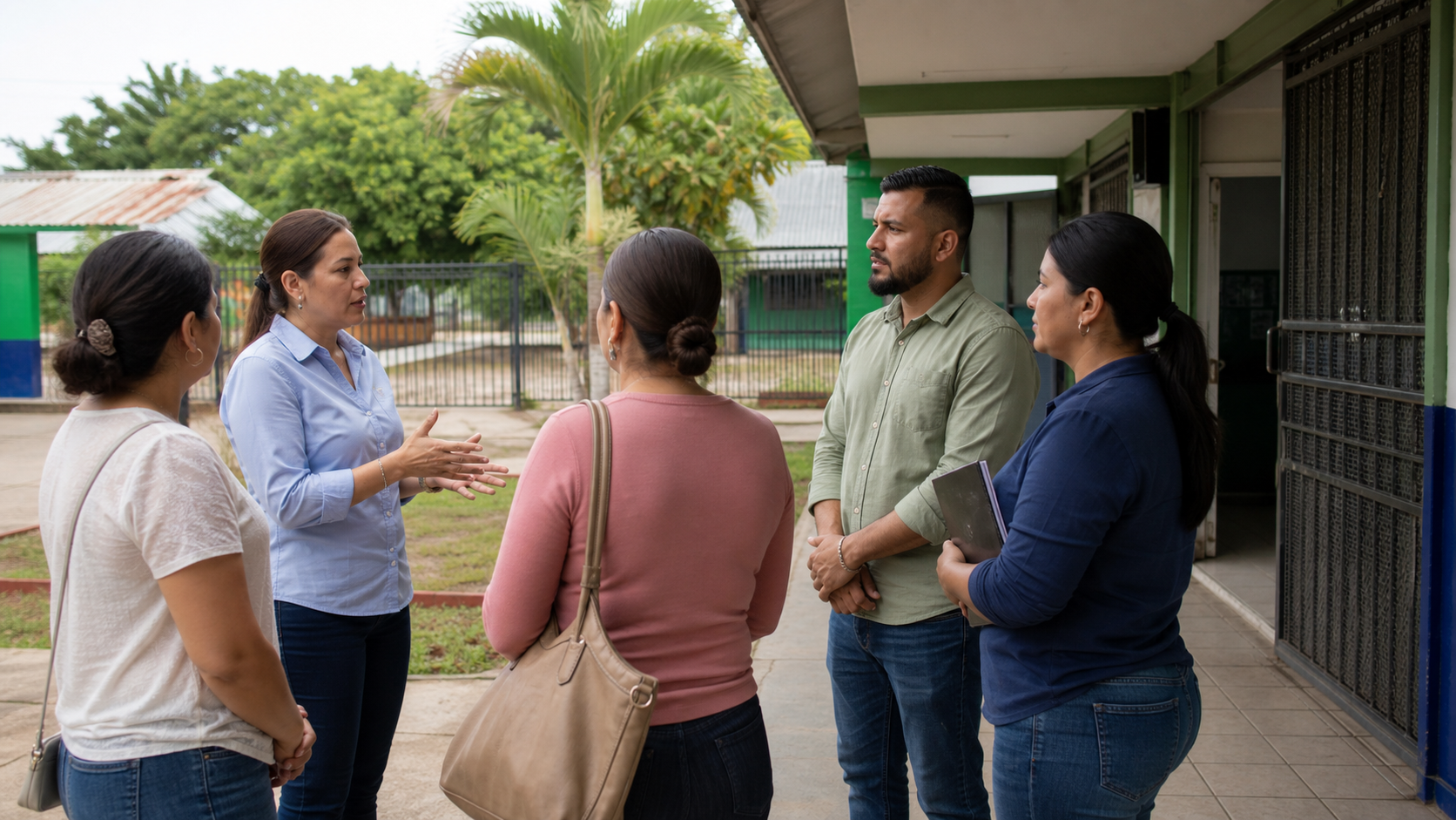 Parents and teachers stand near a school entrance in Chiriqui while discussing security.