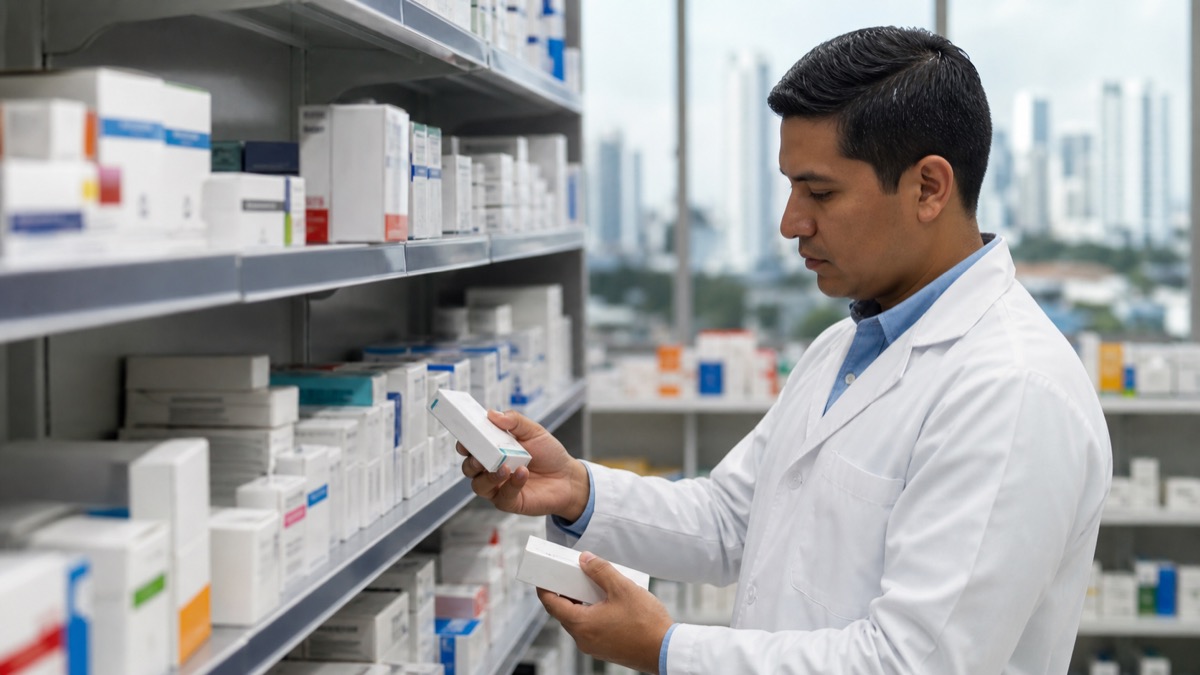 pharmacist inspecting sealed generic medicine packages in a clean Panama pharmacy, labels unreadable