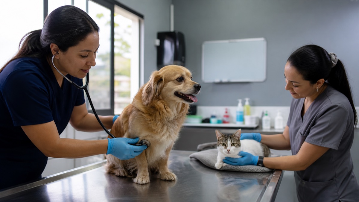 veterinary team preparing a calm dog and cat clinic in La Chorrera, non-graphic