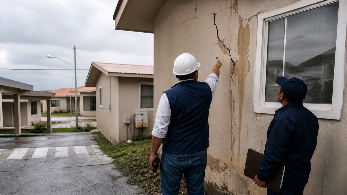 housing inspectors examining cracks and water damage on a residential development in Arraijan