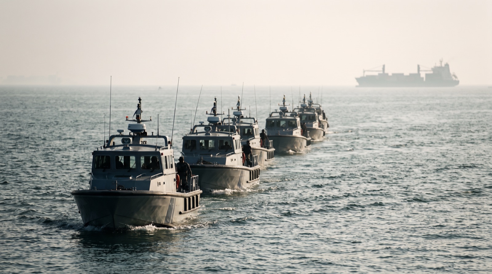 Small patrol boats move in formation on tropical coastal water during a training exercise.